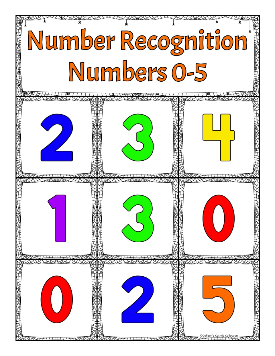 Number recognition board, 0-5 bingo: students spot and cover 2, 3, 4, 1, 3, 0, 0, 2 and 5 when each matching card is drawn