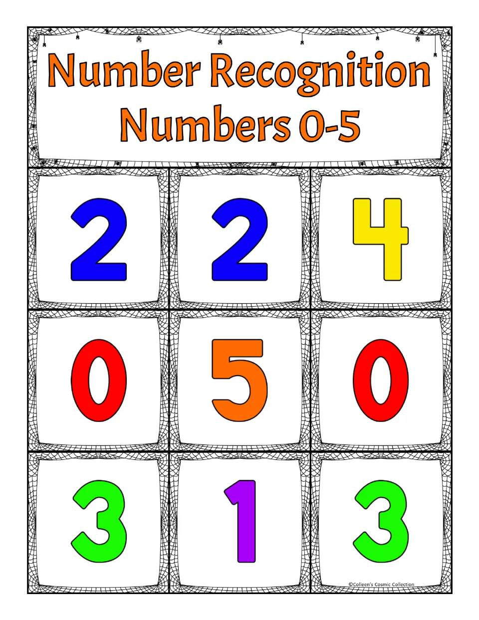Bingo board with numerals 2, 2, 4, 0, 5, 0, 3, 1 and 3: students identify each called number from 0 to 5 and cover a match