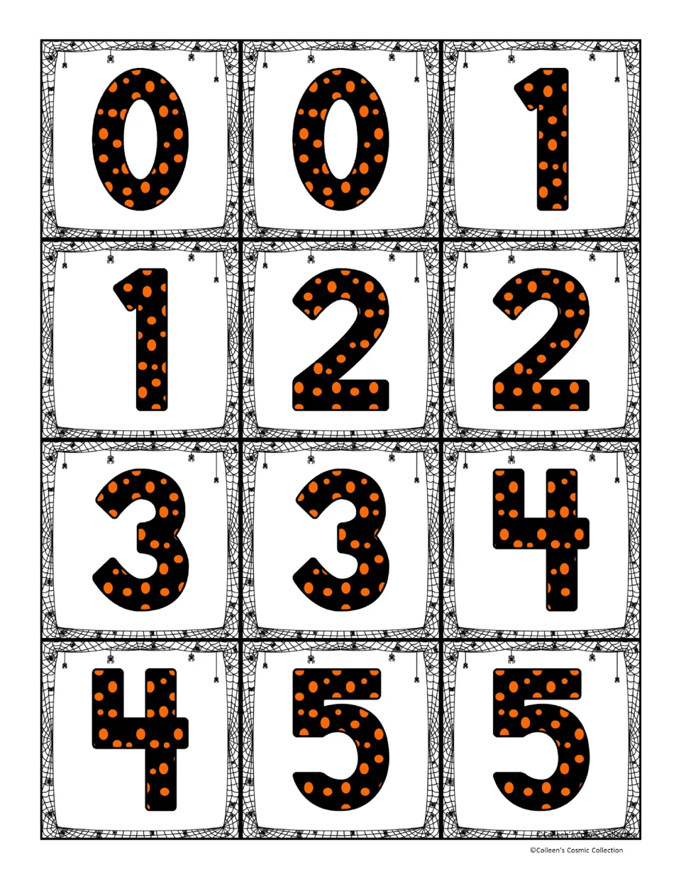 Calling cards for numbers 0-5: twelve black numerals with orange dots, two each of 0 through 5, to cut out and call aloud