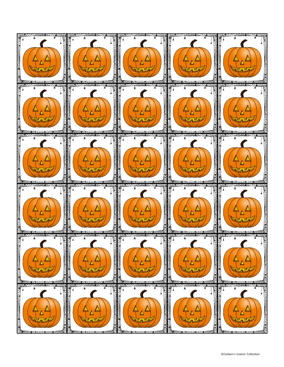 Playing squares: 30 jack-o'-lantern pumpkin markers to cut out so students can cover matching numbers on their bingo boards