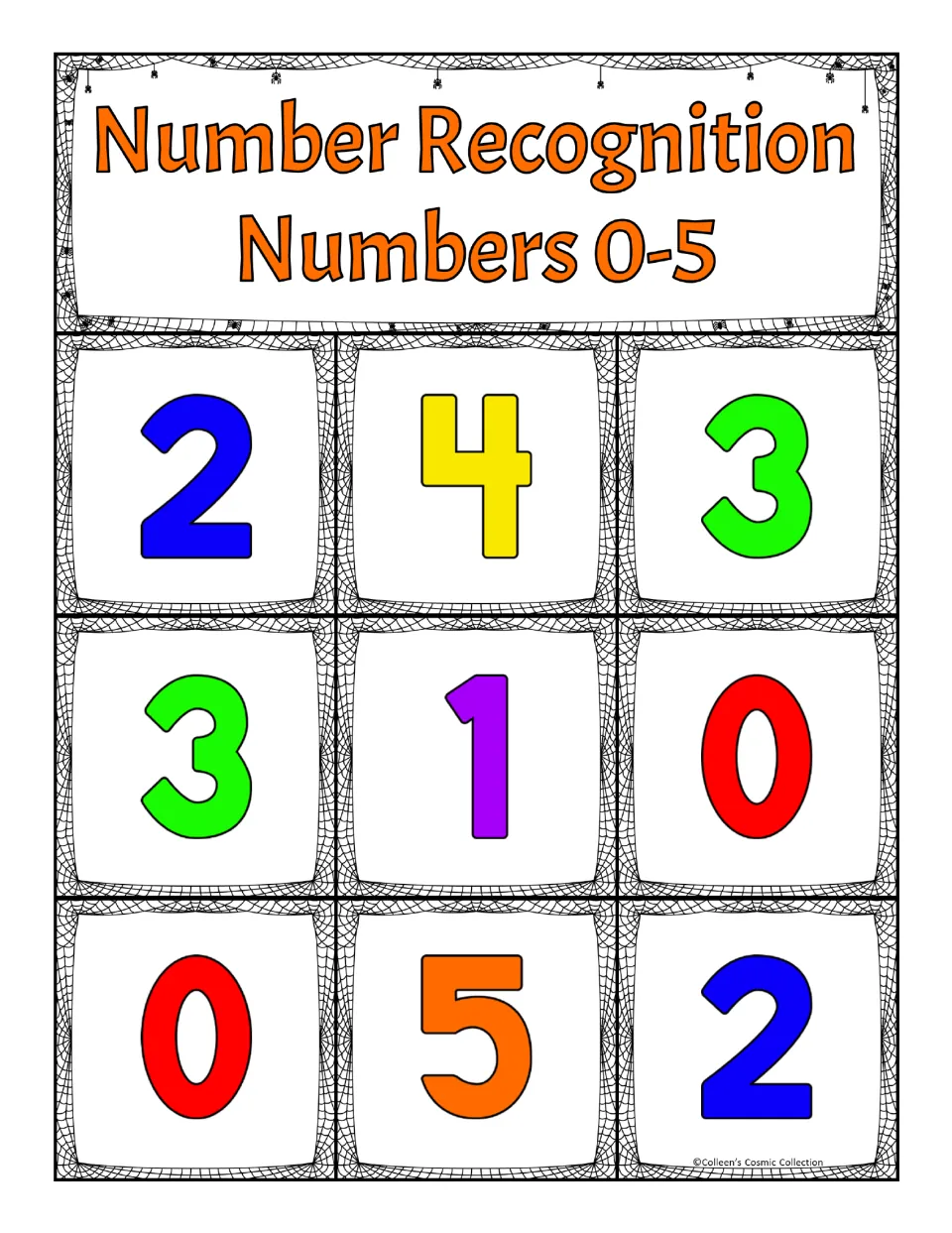 First bingo board for recognizing numbers 0–5, showing 2, 4, 3, 3, 1, 0, 0, 5, 2 in reading order