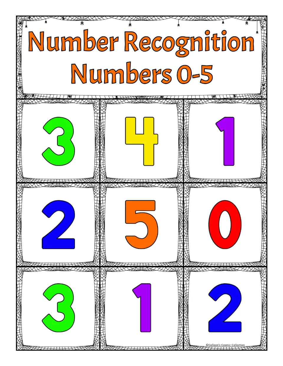 Fifth bingo board for recognizing numbers 0–5, showing 3, 4, 1, 2, 5, 0, 3, 1, 2 in reading order