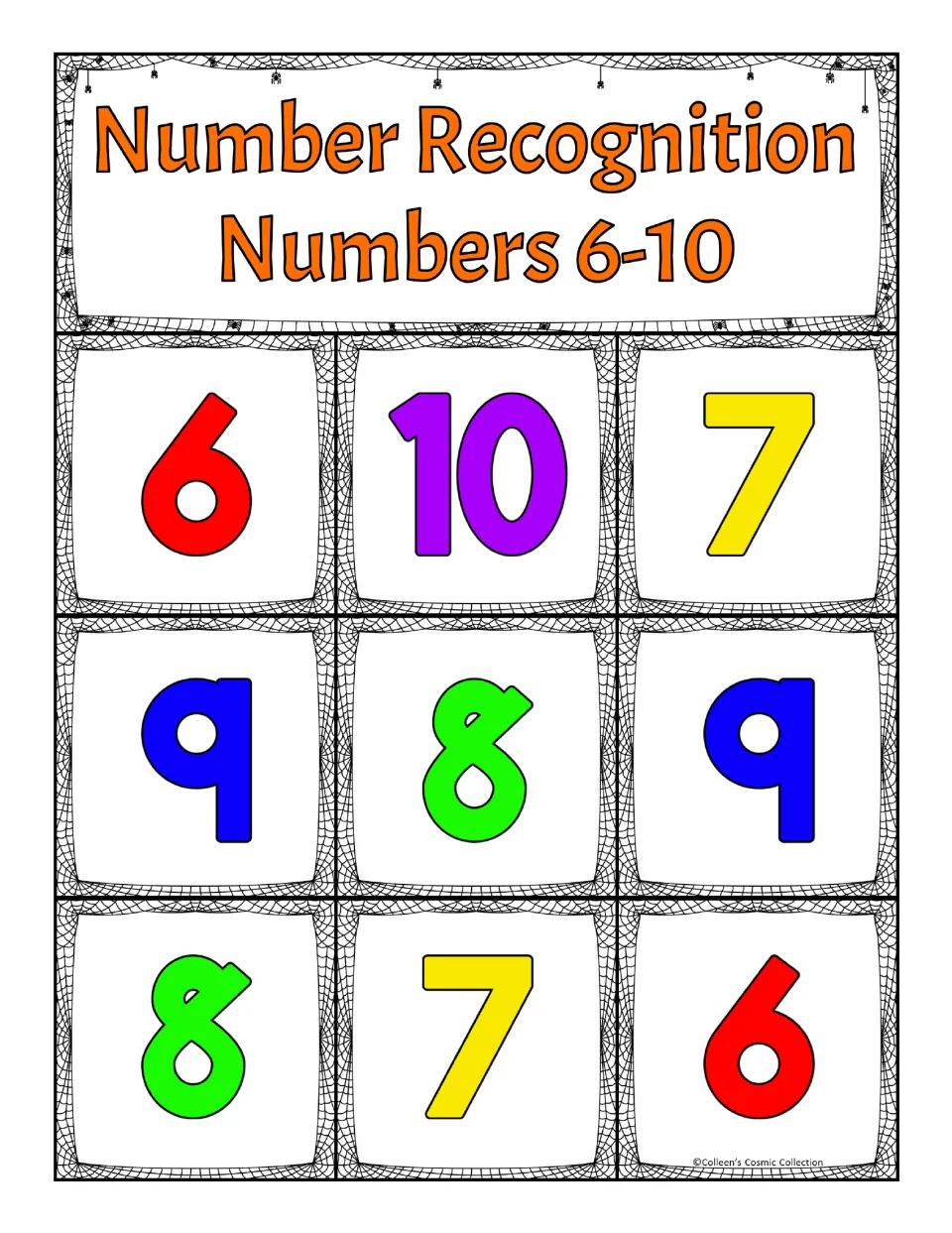 First bingo board for numbers 6–10: 6, 10, 7, 9, 8, 9, 8, 7, 6, with repeated numerals to match calling cards