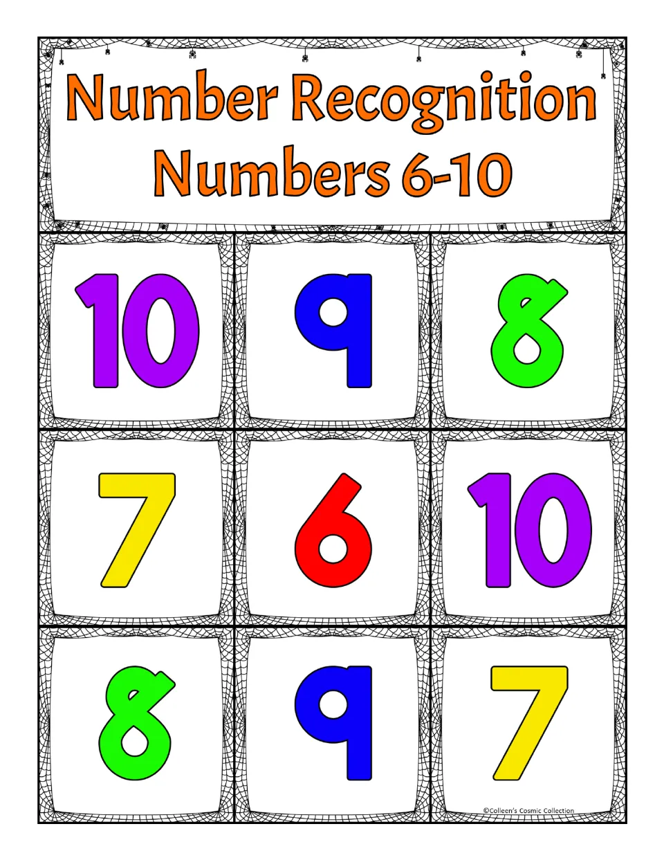 Second bingo board for numbers 6–10: 10, 9, 8, 7, 6, 10, 8, 9, 7, for matching numbers drawn on calling cards