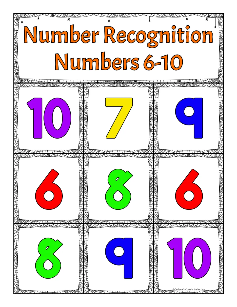 Third bingo board for numbers 6–10: 10, 7, 9, 6, 8, 6, 8, 9, 10, for matching numbers drawn on calling cards