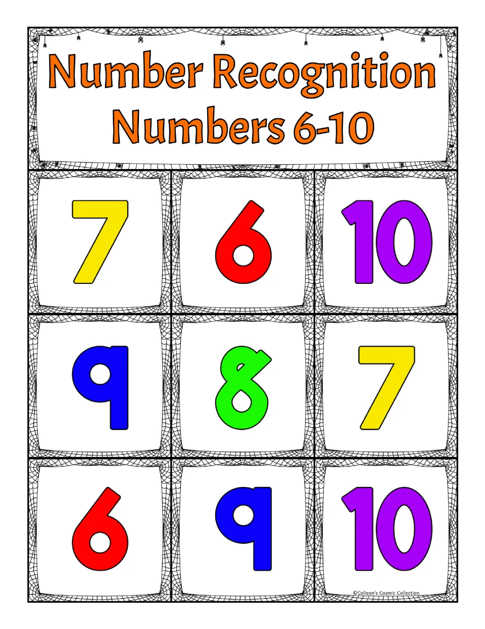 Fourth bingo board for numbers 6–10: 7, 6, 10, 9, 8, 7, 6, 9, 10, for matching numbers drawn on calling cards