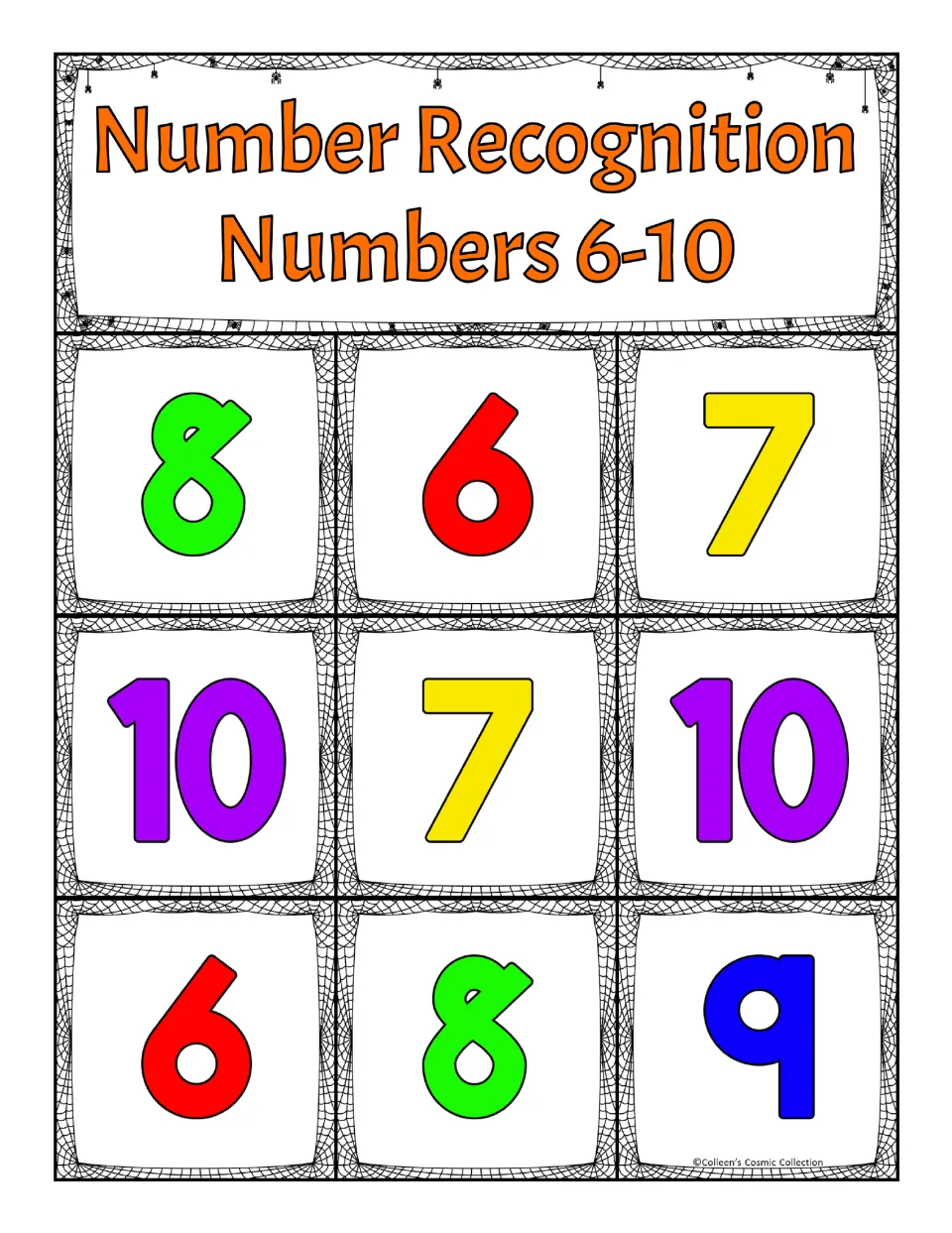 Fifth bingo board for numbers 6–10: 8, 6, 7, 10, 7, 10, 6, 8, 9, for matching numbers drawn on calling cards