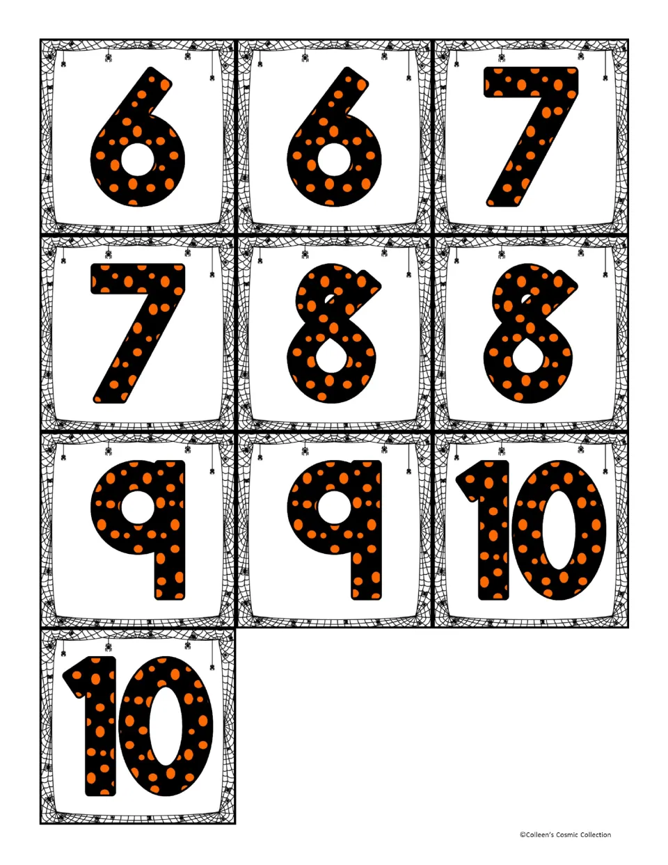 Ten bingo calling cards to cut apart, with two copies each of 6, 7, 8, 9, and 10 for number recognition