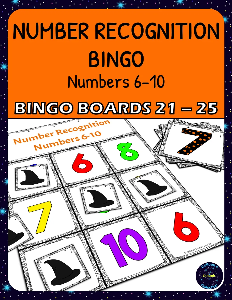 Cover for number recognition bingo for numbers 6–10, identifying boards 21–25 and showing game materials