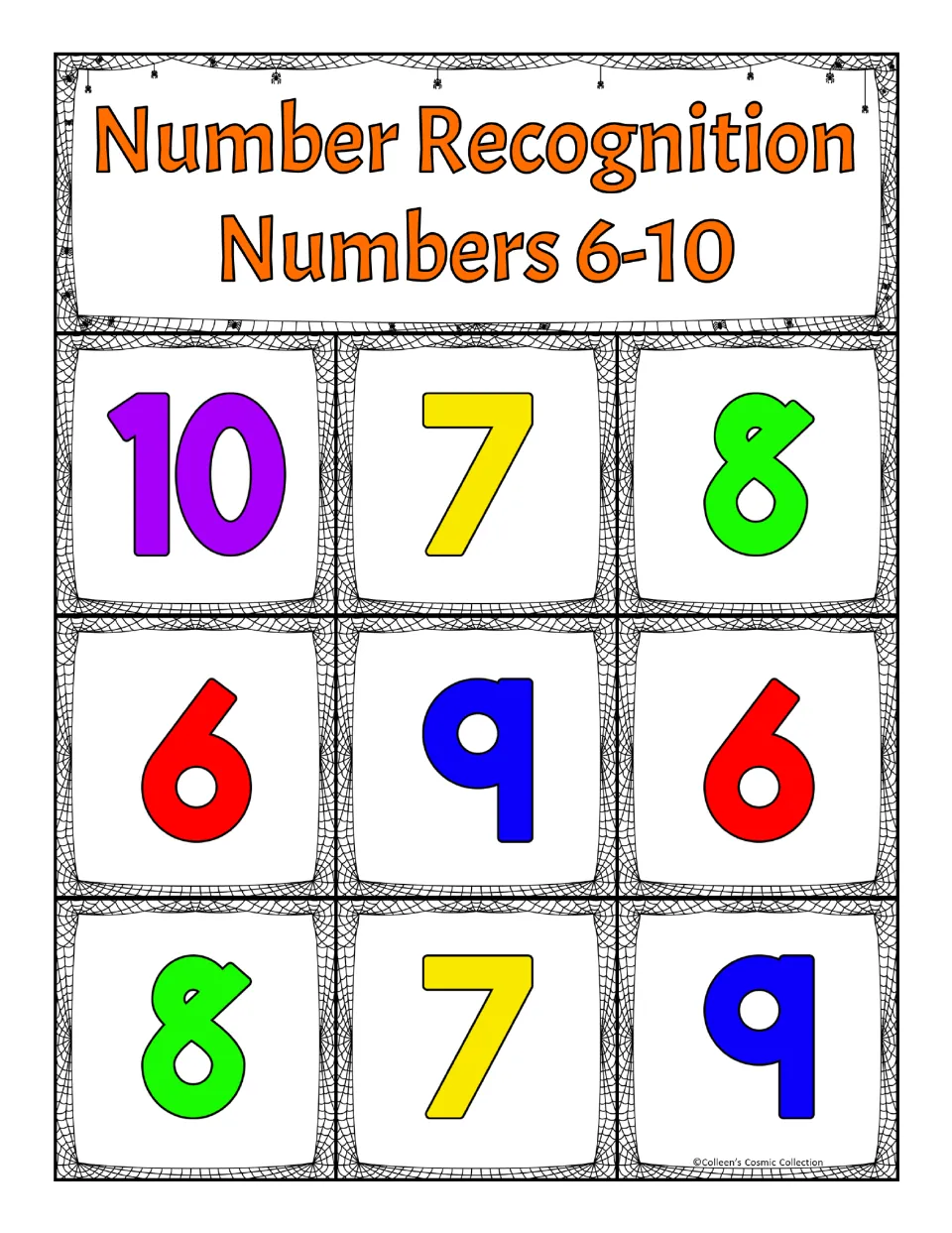 First number recognition bingo board for 6–10, showing 10, 7, 8, 6, 9, 6, 8, 7, 9 in reading order