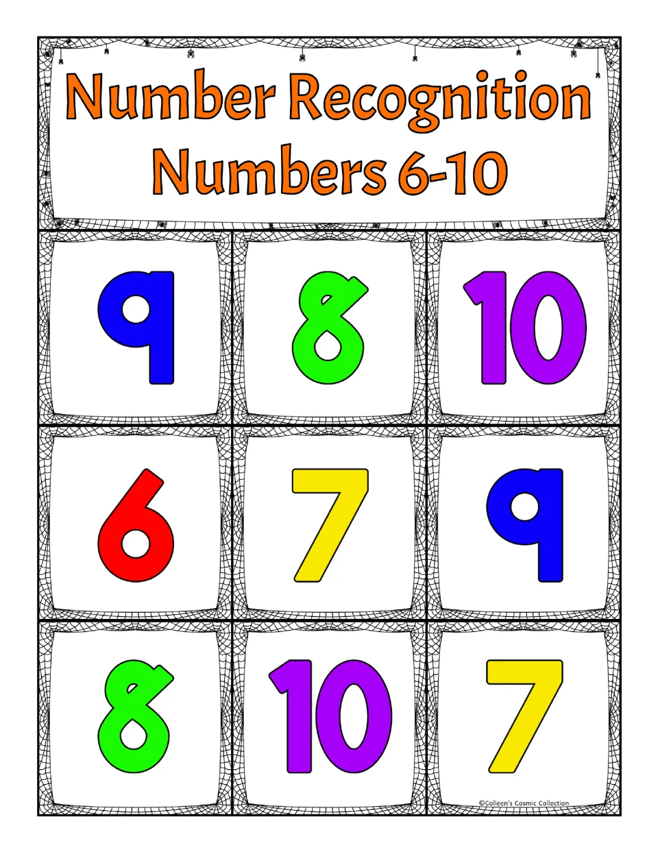 Second number recognition bingo board for 6–10, showing 9, 8, 10, 6, 7, 9, 8, 10, 7 in reading order