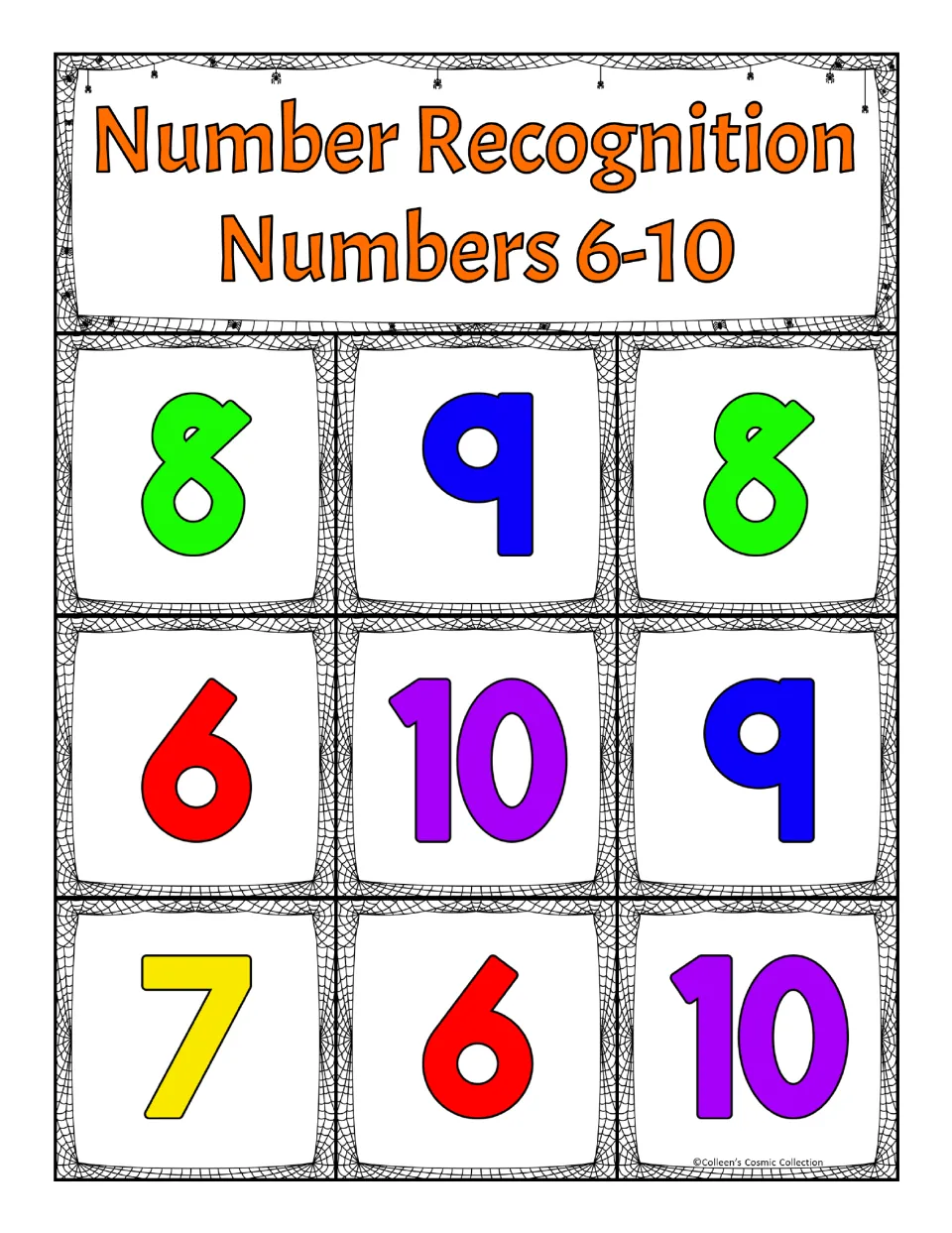 Third number recognition bingo board for 6–10, showing 8, 9, 8, 6, 10, 9, 7, 6, 10 in reading order