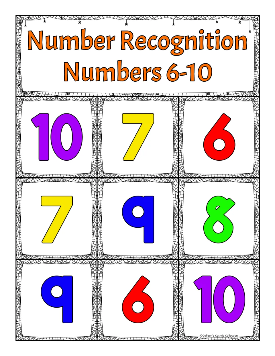 Fourth number recognition bingo board for 6–10, showing 10, 7, 6, 7, 9, 8, 9, 6, 10 in reading order