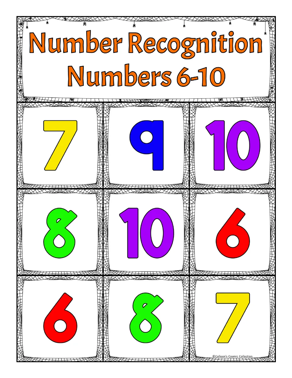 Fifth number recognition bingo board for 6–10, showing 7, 9, 10, 8, 10, 6, 6, 8, 7 in reading order