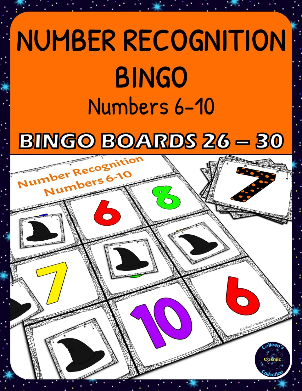 Bingo resource cover for number recognition 6–10, identifying boards 26–30 and showing sample game materials