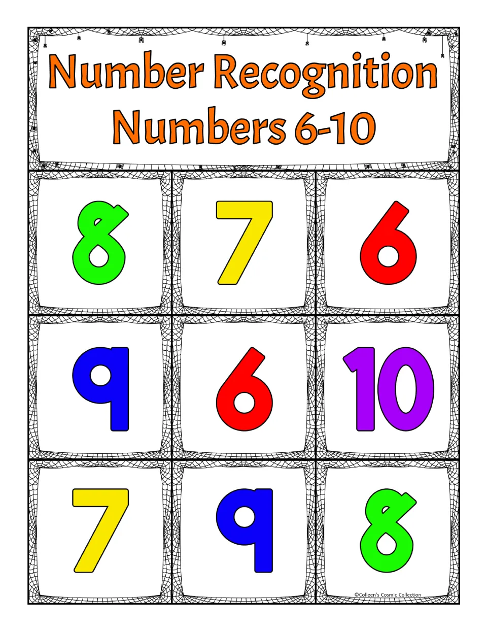 First number recognition bingo board for 6–10: 8, 7, 6, 9, 6, 10, 7, 9, 8, to match against calling cards
