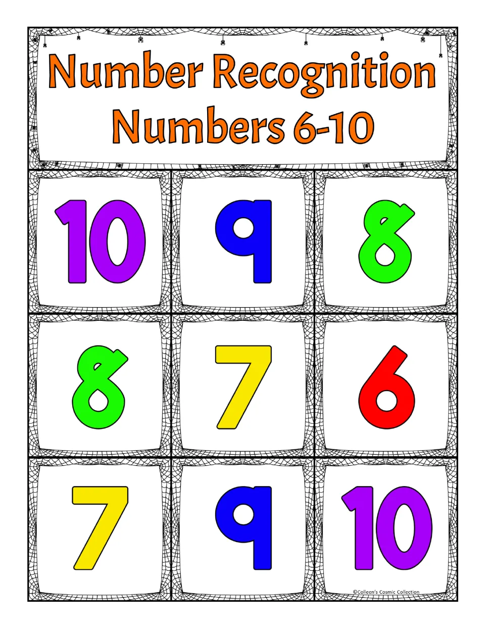 Second number recognition bingo board for 6–10: 10, 9, 8, 8, 7, 6, 7, 9, 10, to match against calling cards