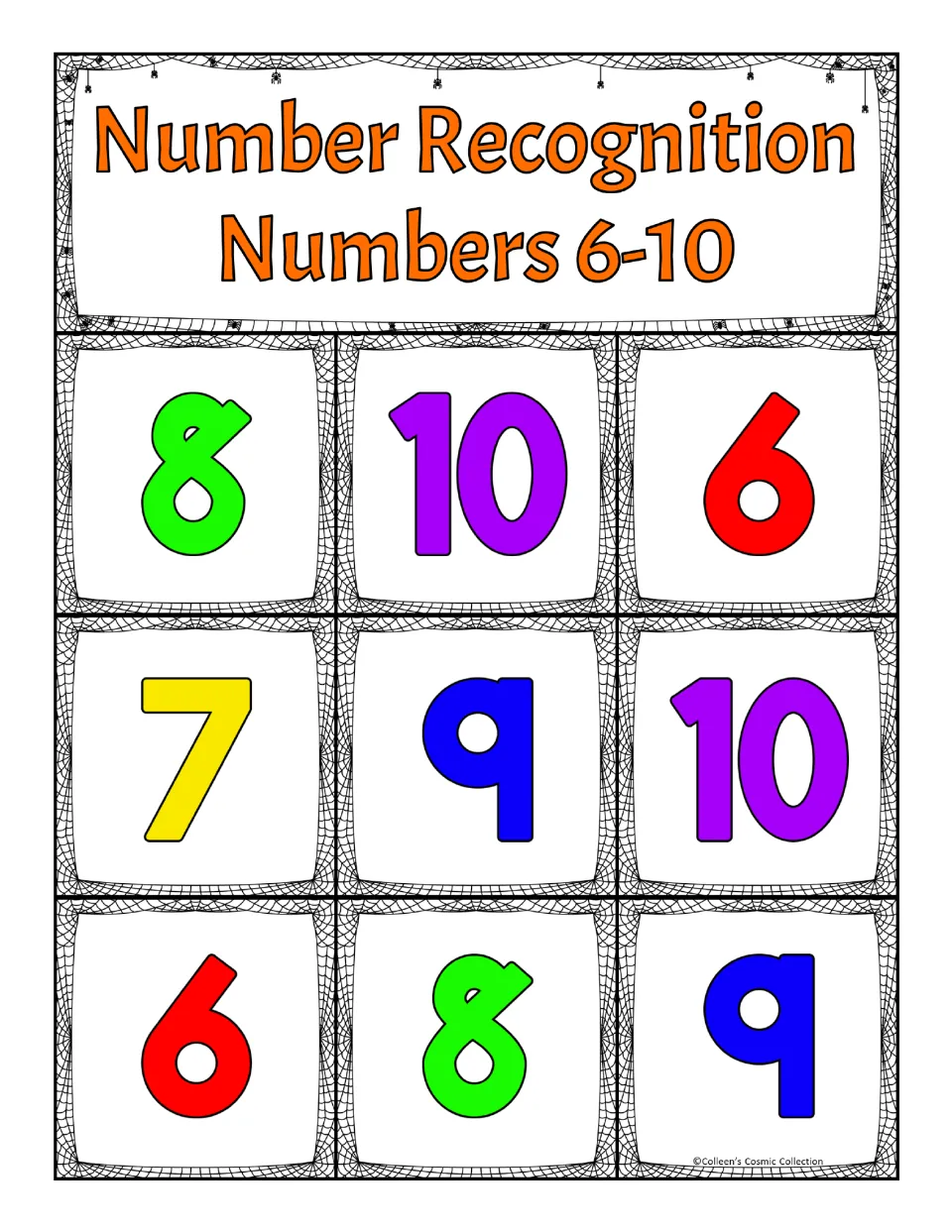 Third number recognition bingo board for 6–10: 8, 10, 6, 7, 9, 10, 6, 8, 9, to match against calling cards