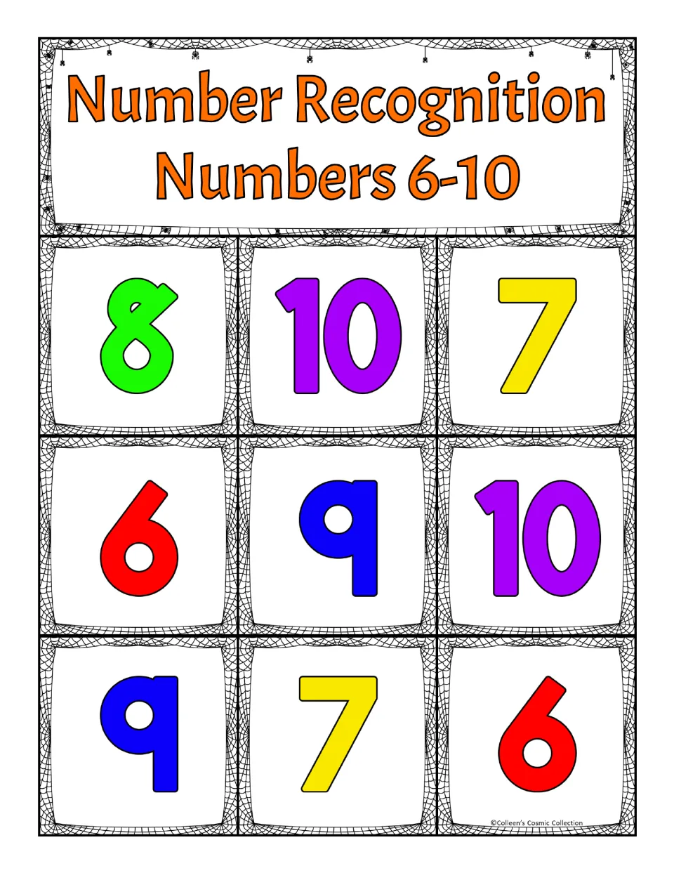 Fourth number recognition bingo board for 6–10: 8, 10, 7, 6, 9, 10, 9, 7, 6, to match against calling cards