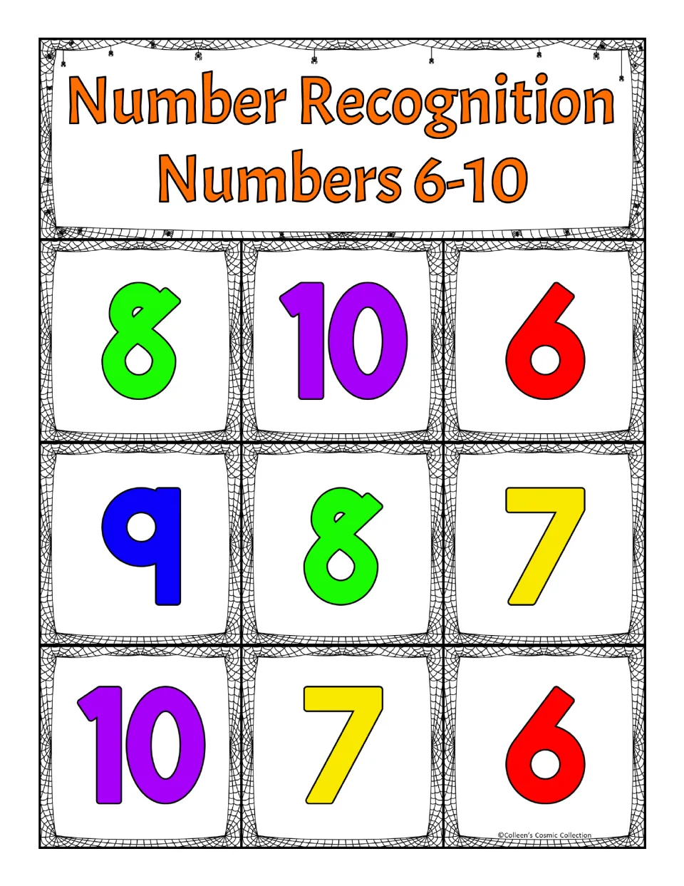 Fifth number recognition bingo board for 6–10: 8, 10, 6, 9, 8, 7, 10, 7, 6, to match against calling cards