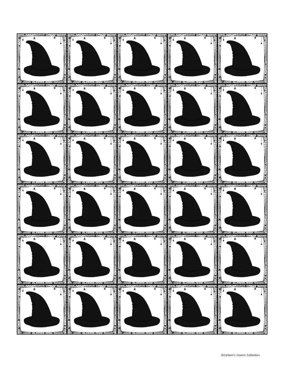 Thirty witch-hat playing squares to cut apart and use to cover matching numbers on the five bingo boards