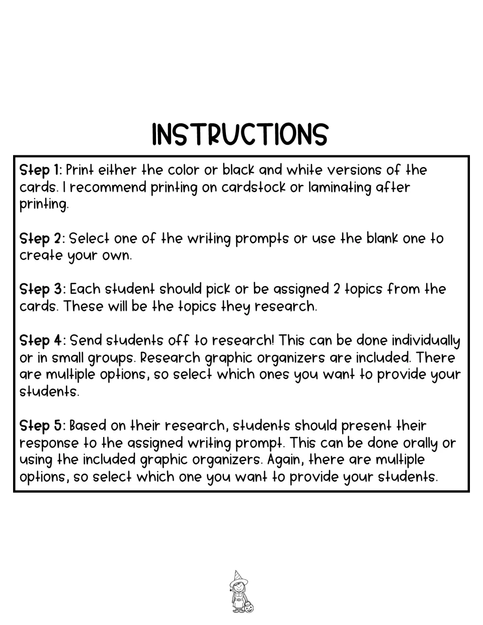 Five-step teacher directions: print cards, choose a writing prompt, assign 2 topics, research, then present an opinion
