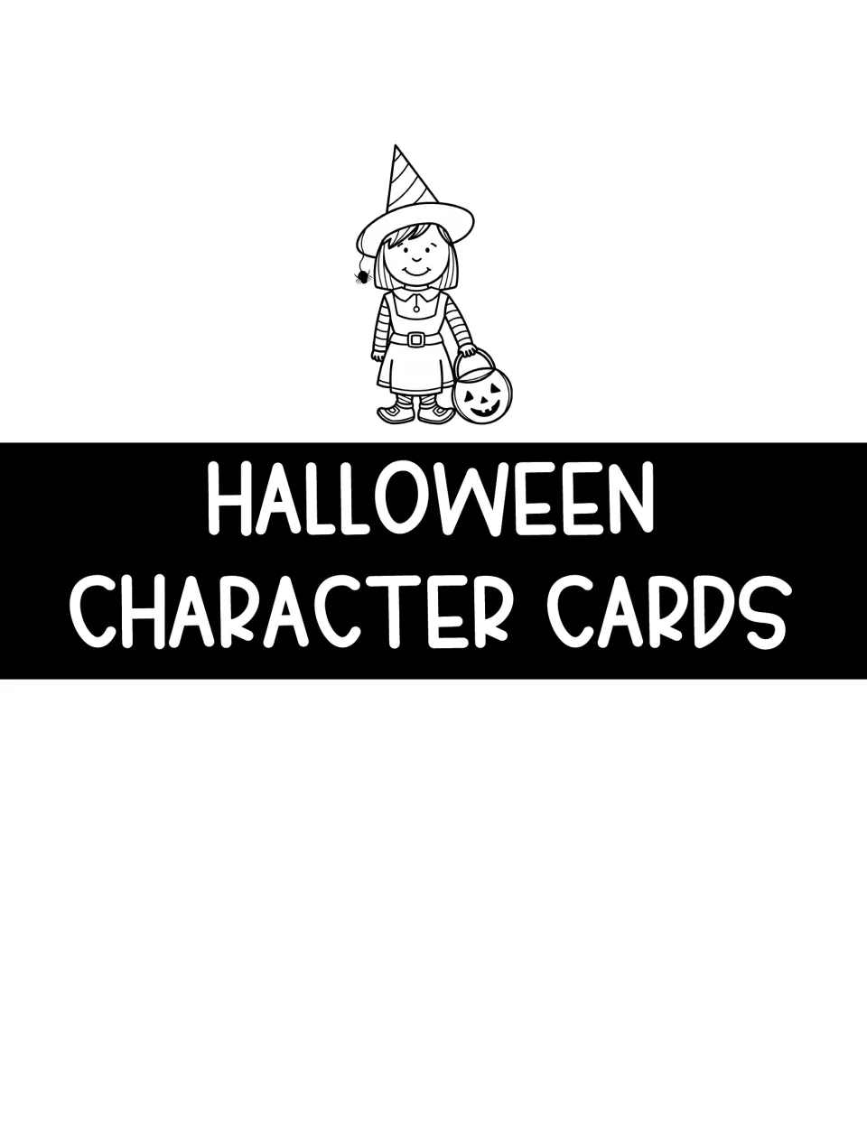 Halloween Character Cards section title with a line-art witch holding a jack-o'-lantern bucket, opening the topic cards