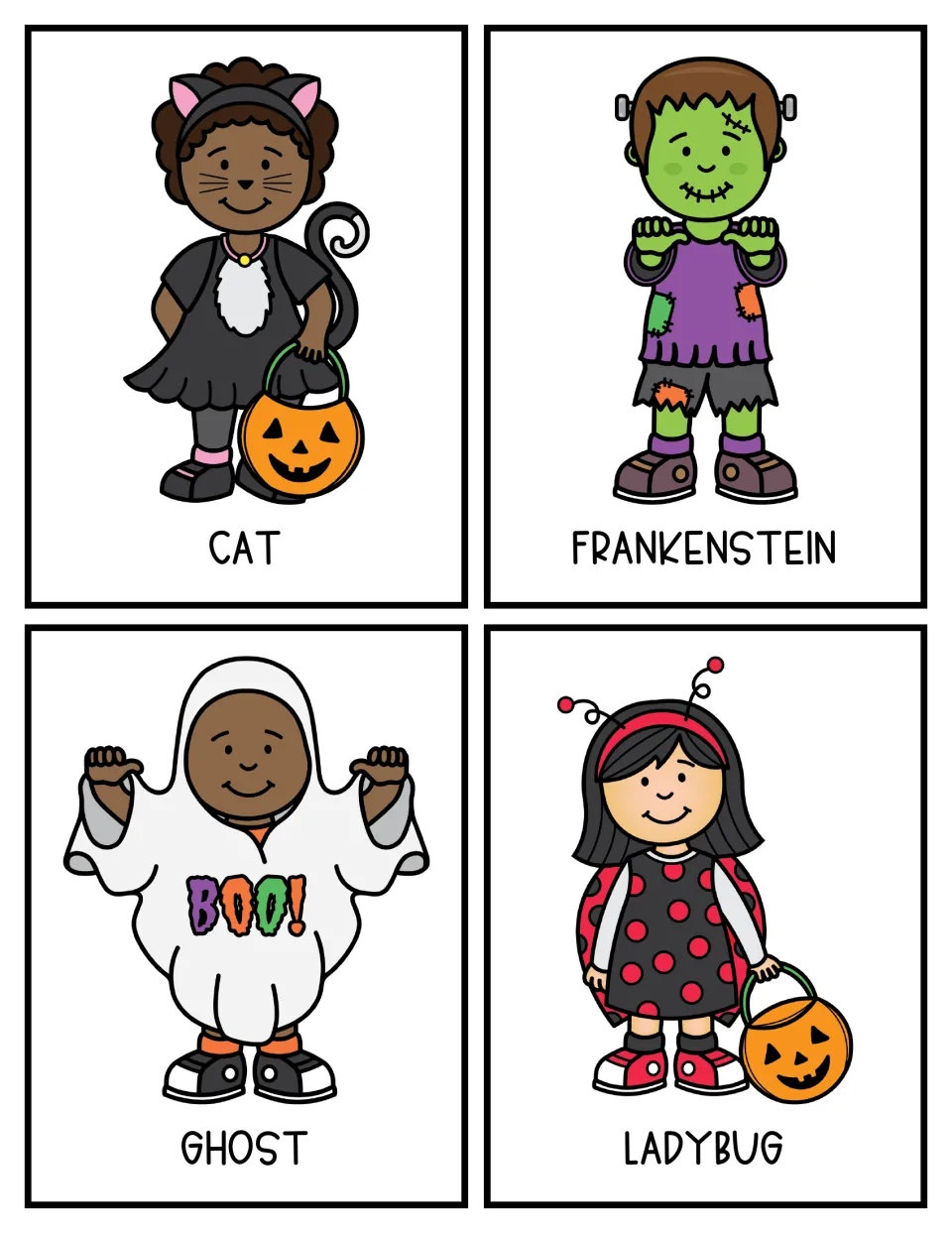 Color character cards for cat, Frankenstein, ghost and ladybug costumes; students pick 2 topics to research and compare