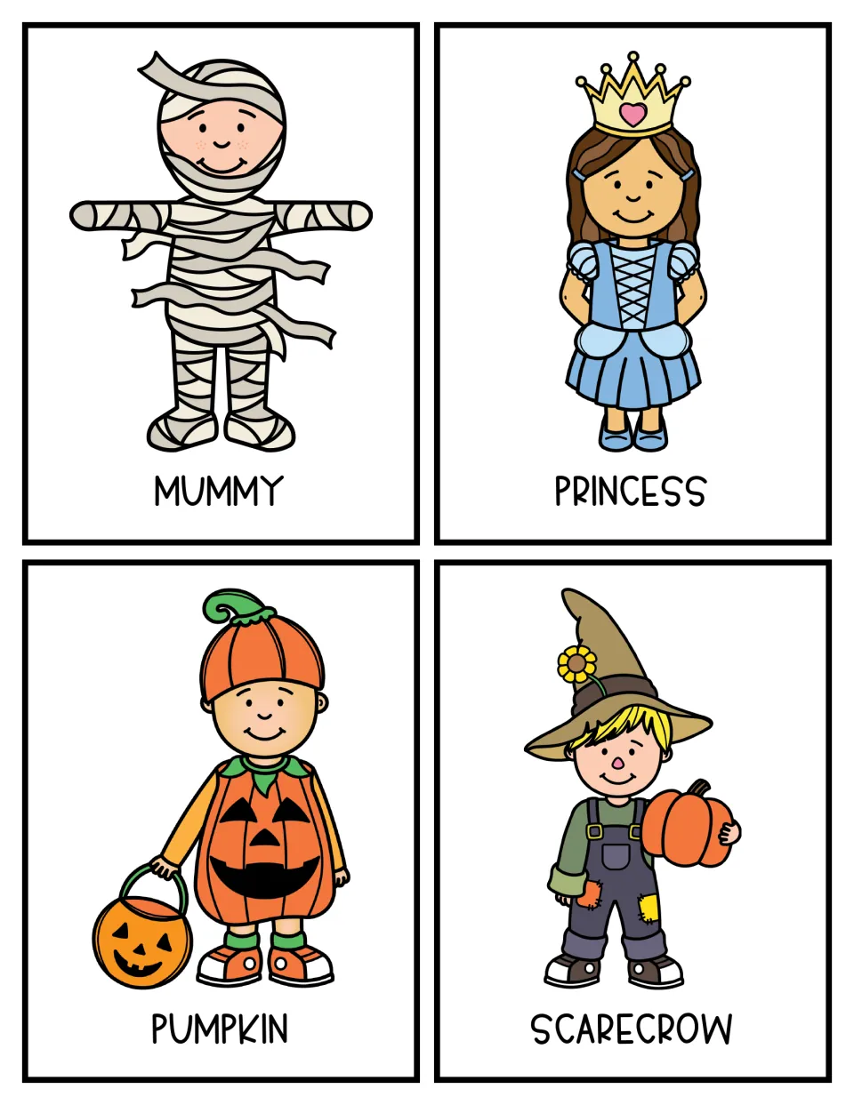Color character cards for mummy, princess, pumpkin and scarecrow costumes, used as topics for would-you-rather opinions