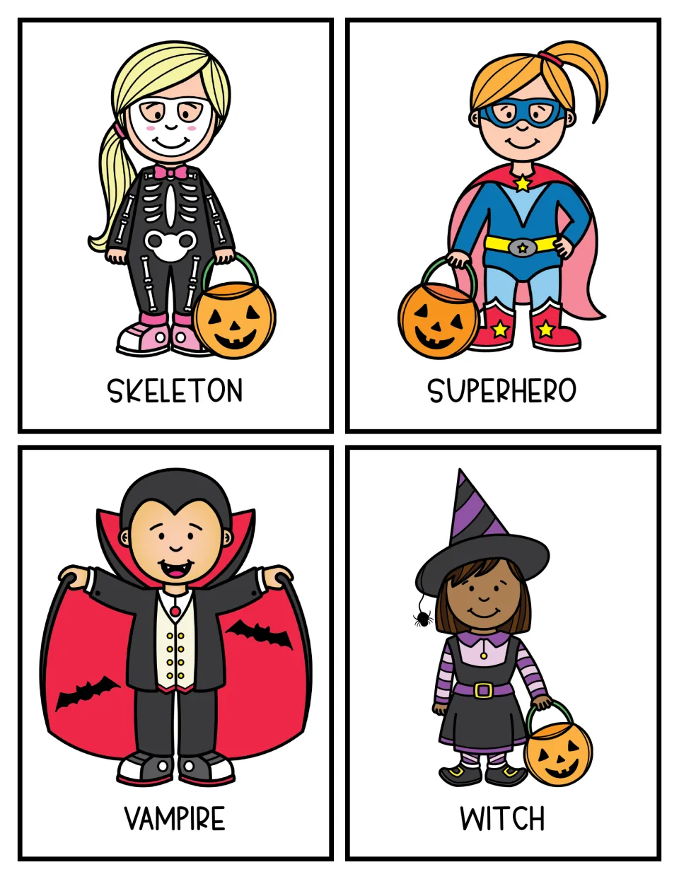 Color character cards for skeleton, superhero, vampire and witch costumes, giving students choices to research and argue
