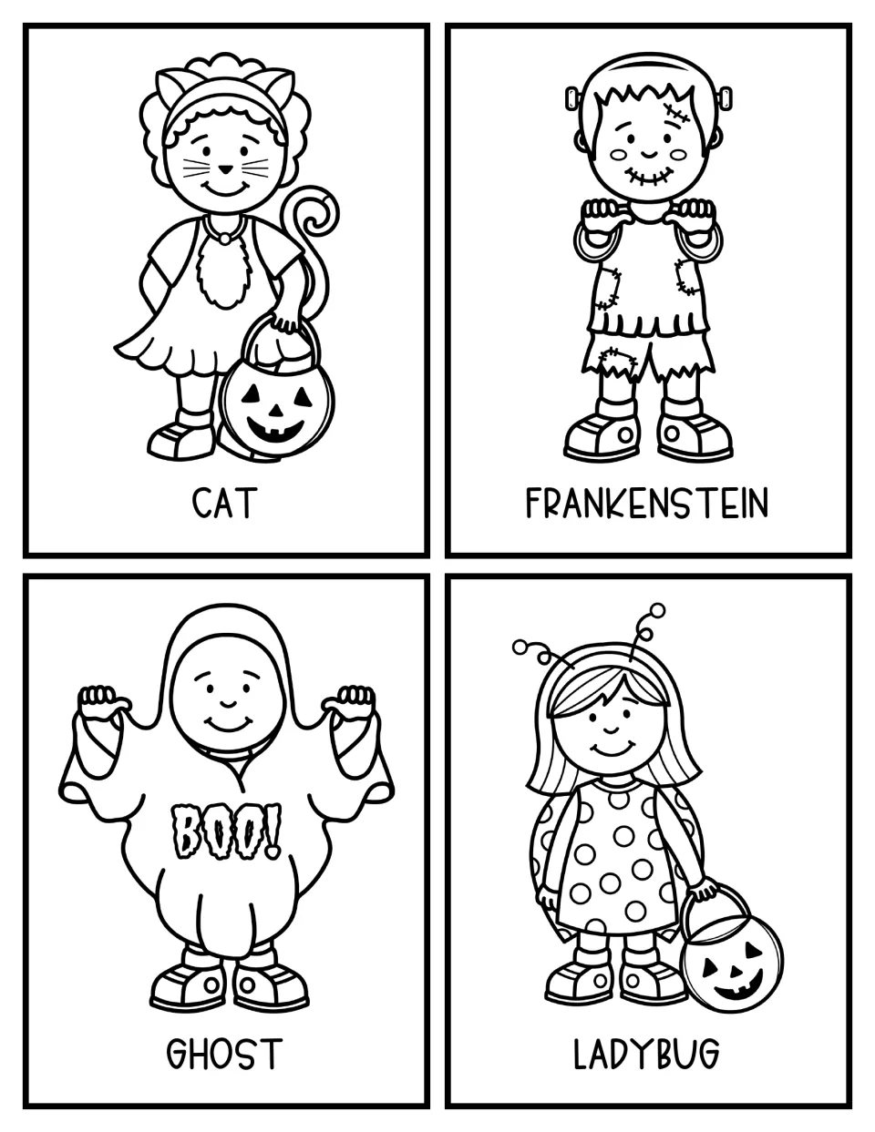Black-and-white cat, Frankenstein, ghost and ladybug costume cards for students to choose opinion writing topics from