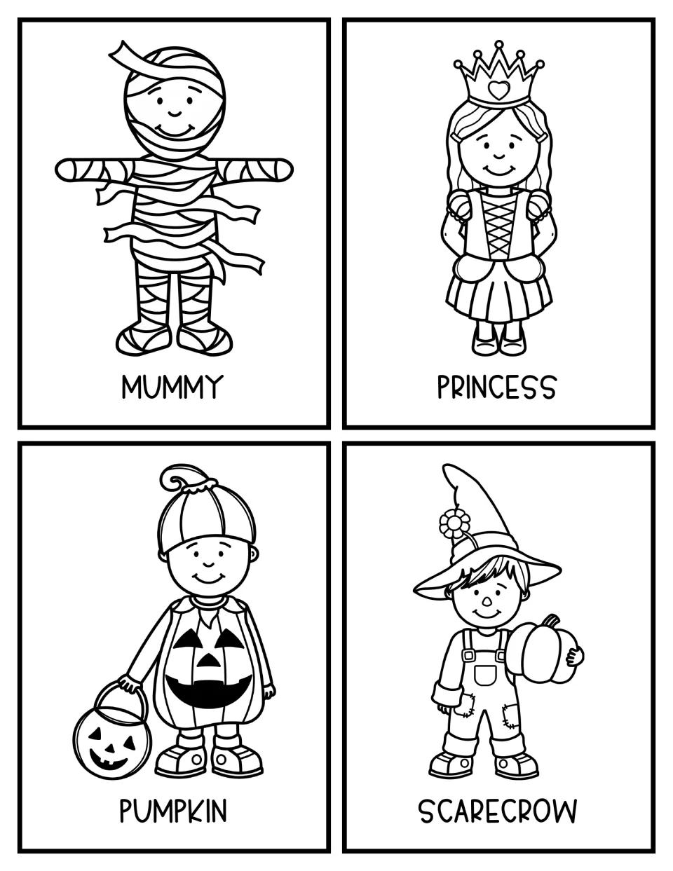 Black-and-white mummy, princess, pumpkin and scarecrow costume cards offering more Halloween topics to research