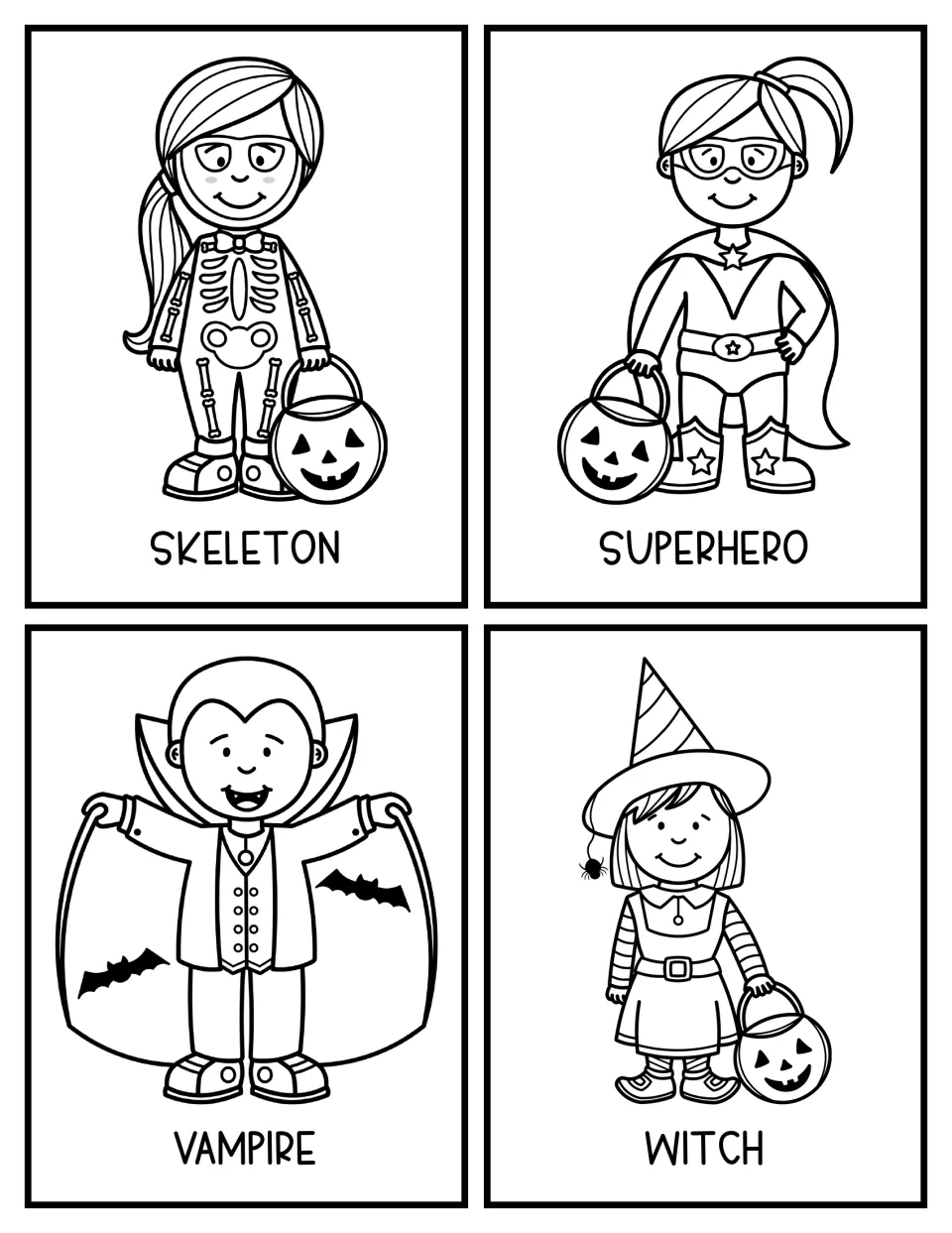 Black-and-white skeleton, superhero, vampire and witch costume cards rounding out the topics students compare in writing