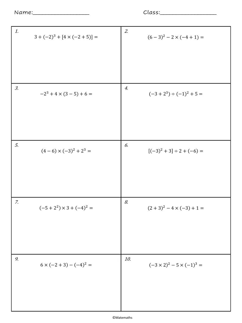 Order of operations with integers, problems 1-10: students evaluate expressions with negative bases, exponents and brackets