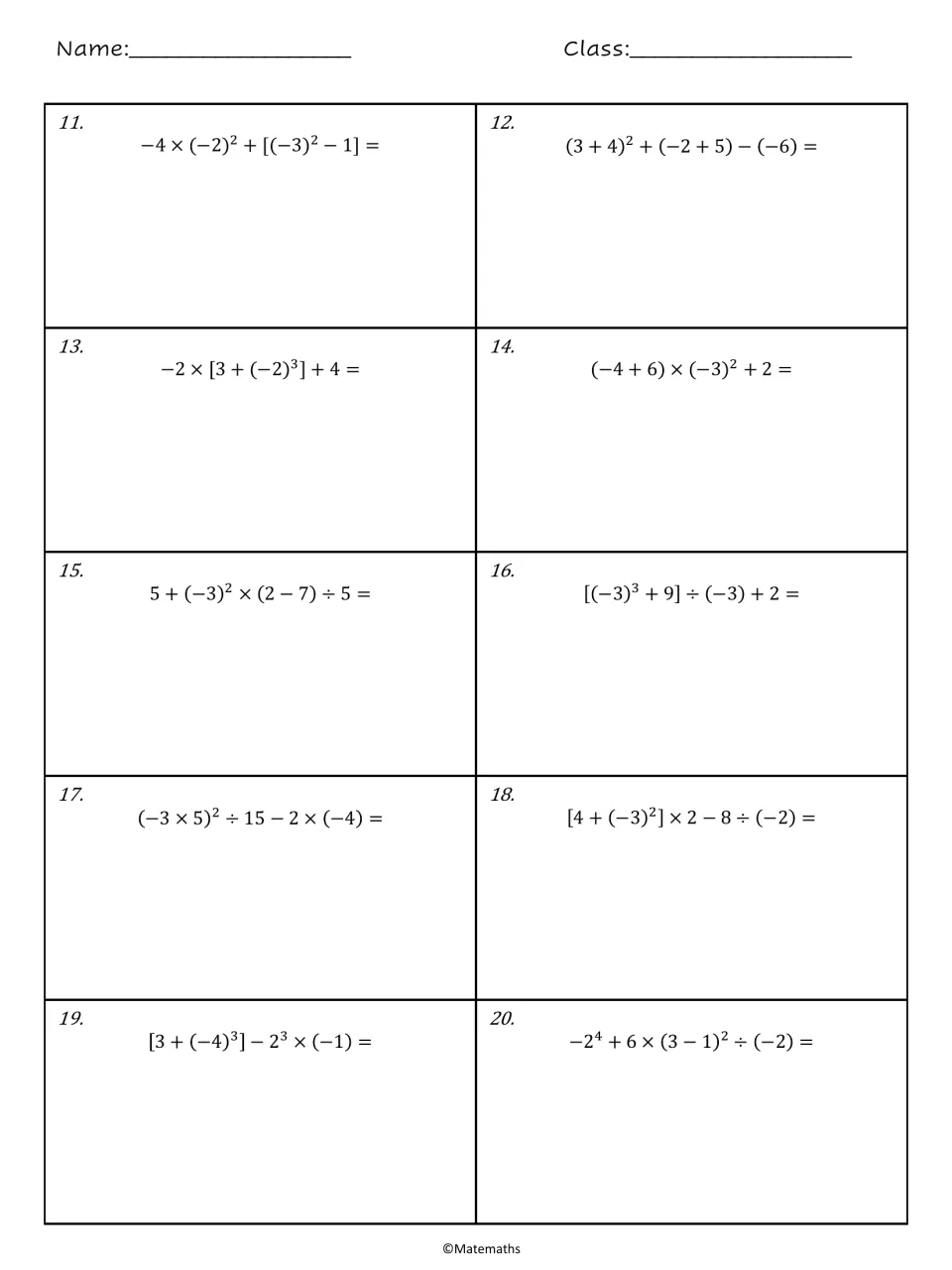 Integer expressions 11-20: students simplify powers of negative numbers, nested brackets and division in the correct order