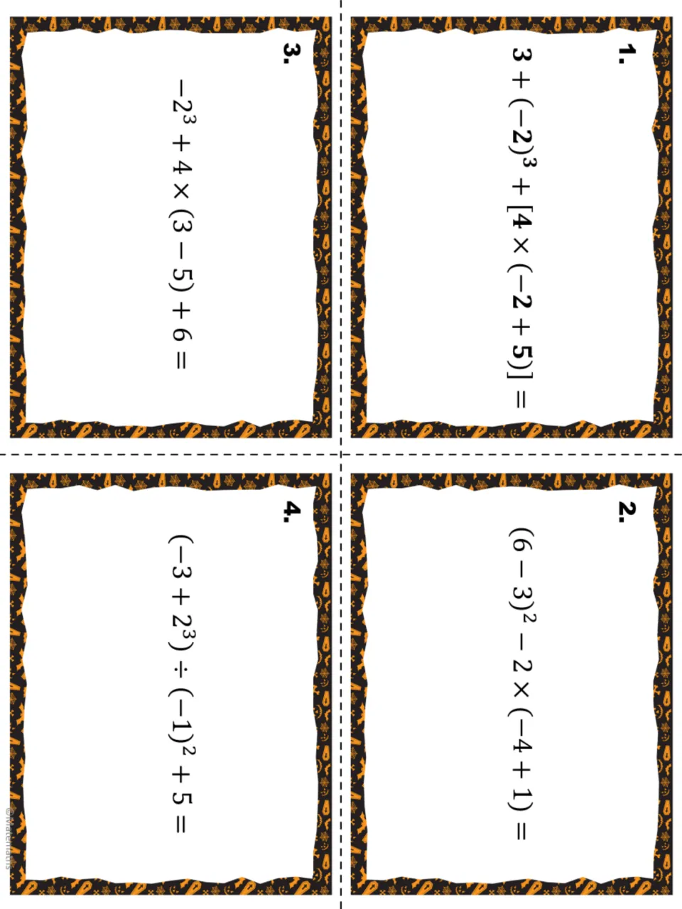 Halloween task cards 1-4: students evaluate integer expressions with cubes, squares and brackets in the right order