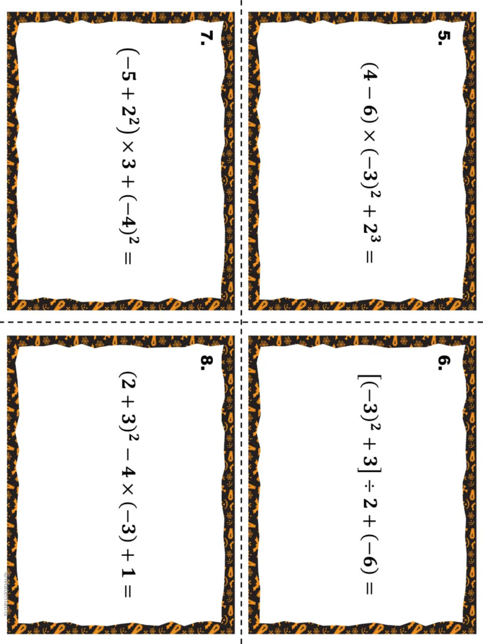 Task cards 5-8: students simplify expressions with squared negative numbers, like (-3) squared, before dividing or adding