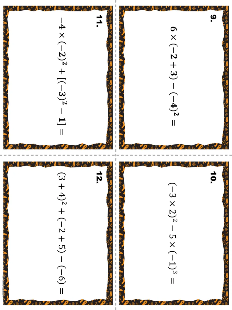 Task cards 9-12: students evaluate integer expressions mixing parentheses, brackets, exponents and subtraction of negatives