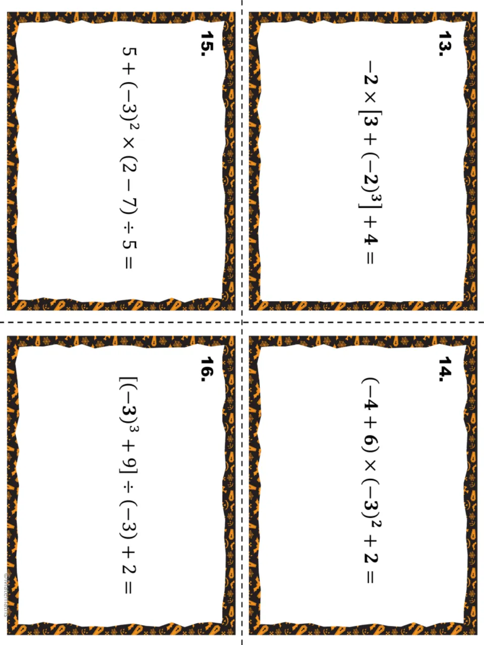 Task cards 13-16: students compute integer expressions with negative cubes and squares, multiplication and division