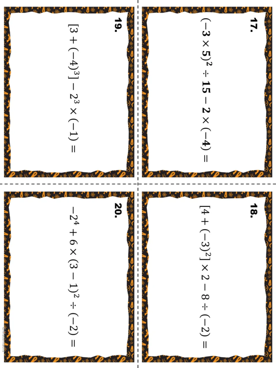 Task cards 17-20: students simplify integer expressions that combine powers, brackets and dividing by negative numbers