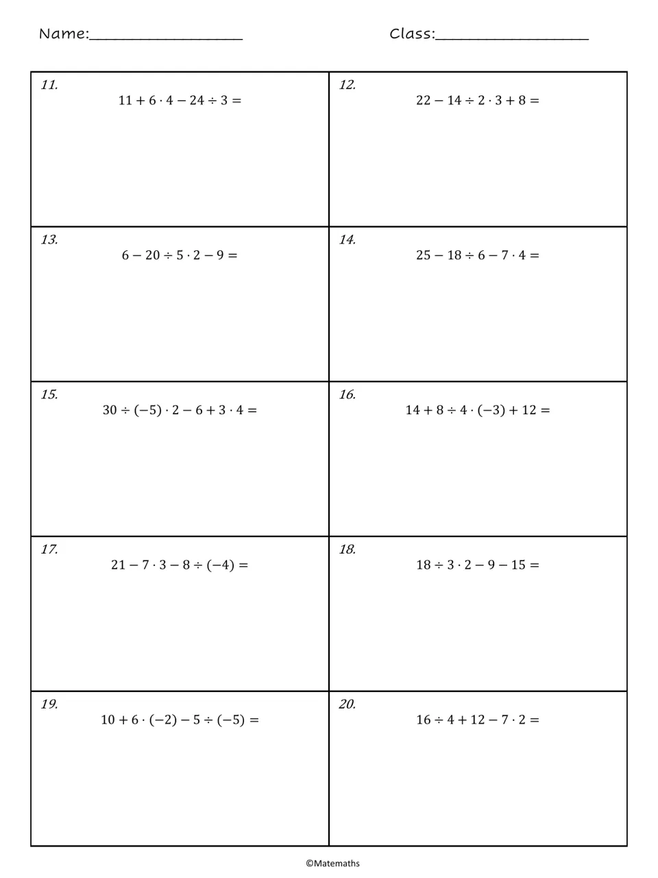 Order of operations problems 11-20: students evaluate integer expressions, some with negatives, like 21 - 7 · 3 - 8 ÷ (-4)