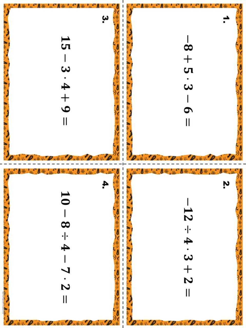 Halloween task cards 1-4: students simplify integer expressions -8 + 5 · 3 - 6, -12 ÷ 4 · 3 + 2, 15 - 3 · 4 + 9 and more