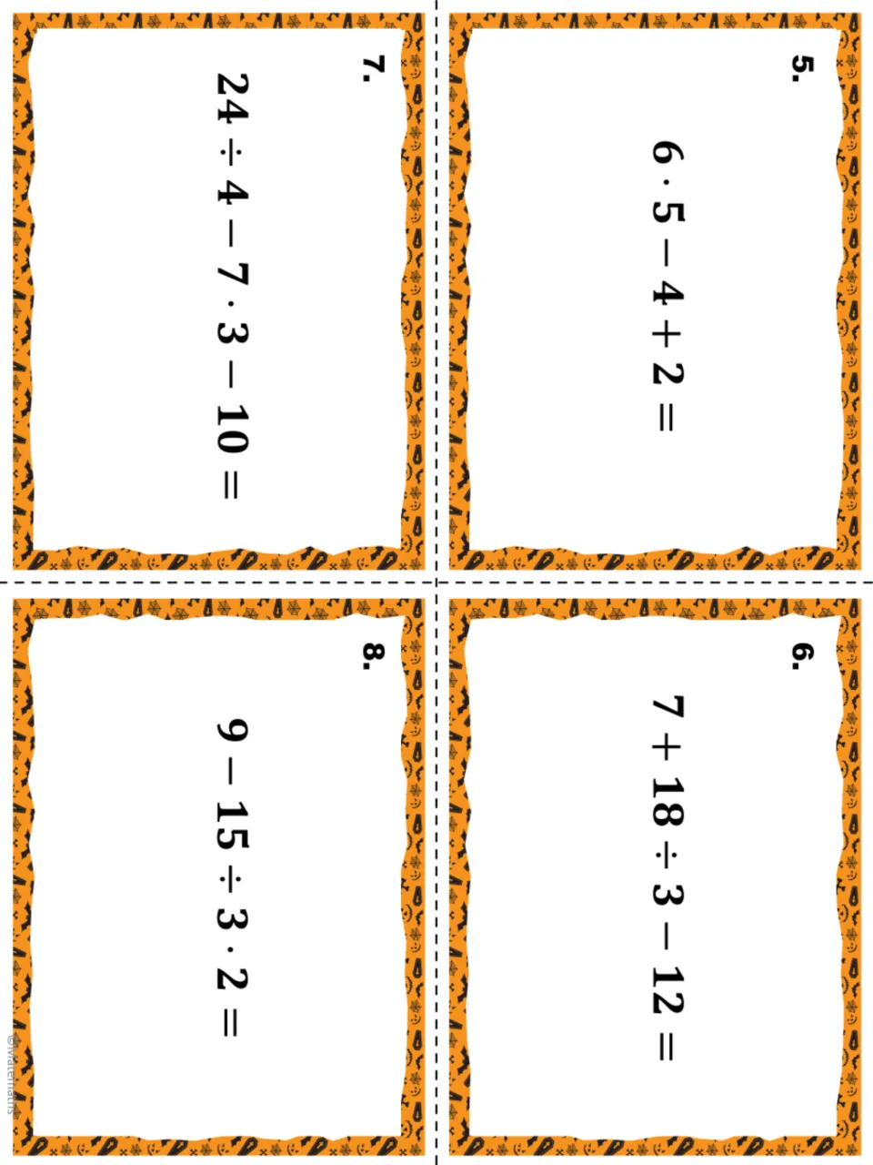 Task cards 5-8: order of operations expressions to simplify, including 6 · 5 - 4 + 2, 7 + 18 ÷ 3 - 12 and 9 - 15 ÷ 3 · 2