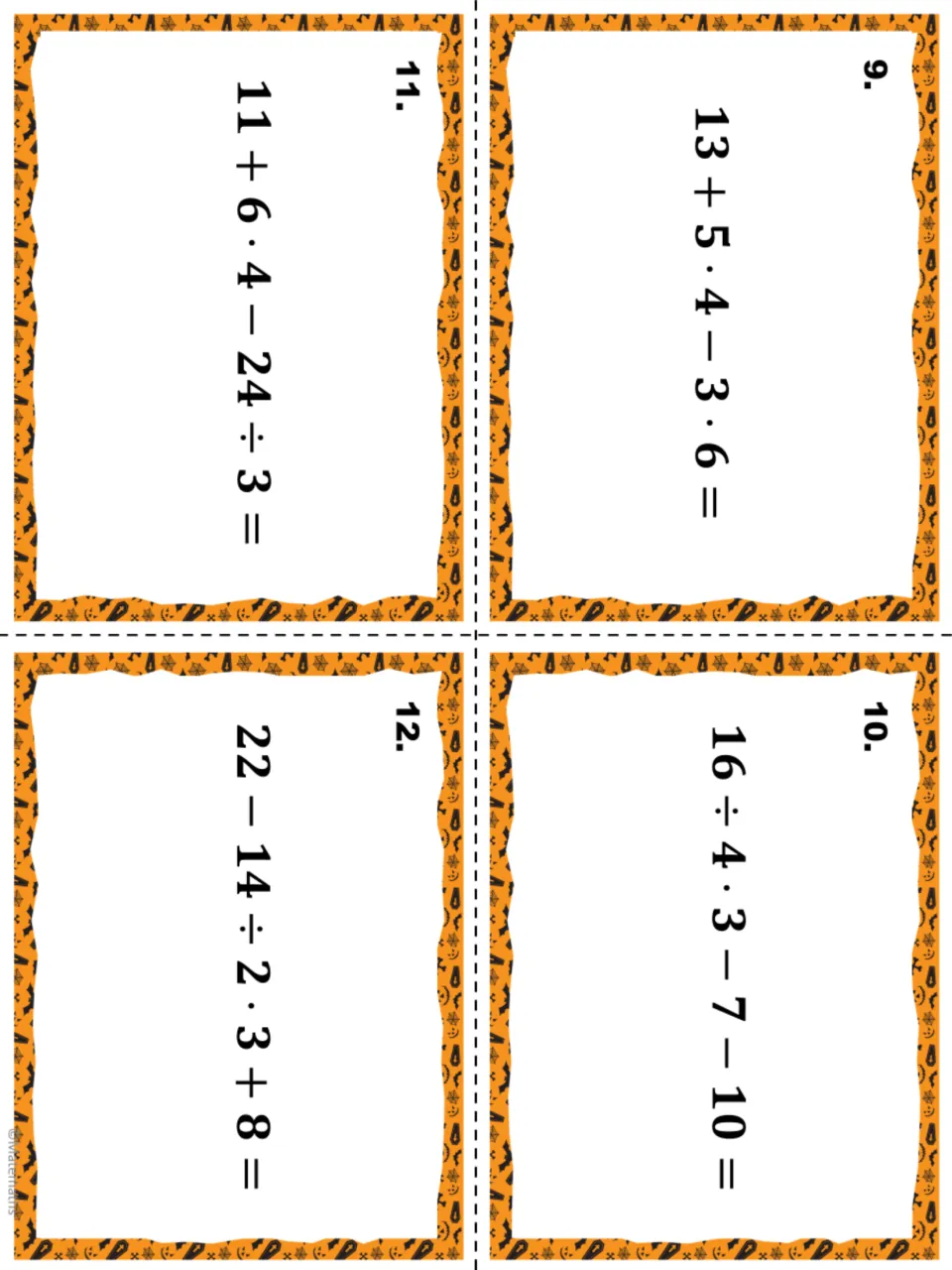Task cards 9-12: students apply order of operations to expressions like 13 + 5 · 4 - 3 · 6 and 22 - 14 ÷ 2 · 3 + 8