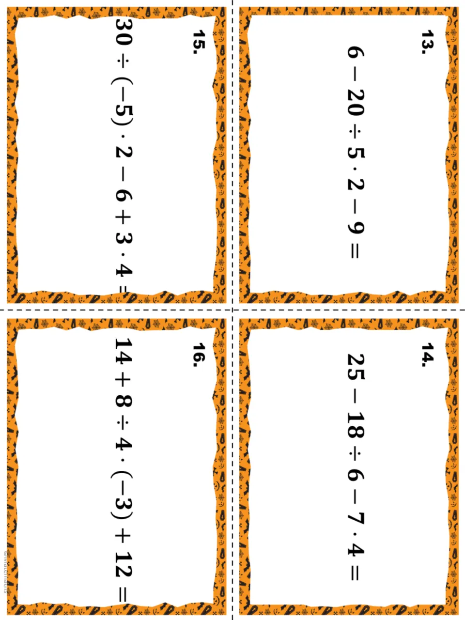 Task cards 13-16: integer order of operations with negatives in parentheses, such as 30 ÷ (-5) · 2 - 6 + 3 · 4