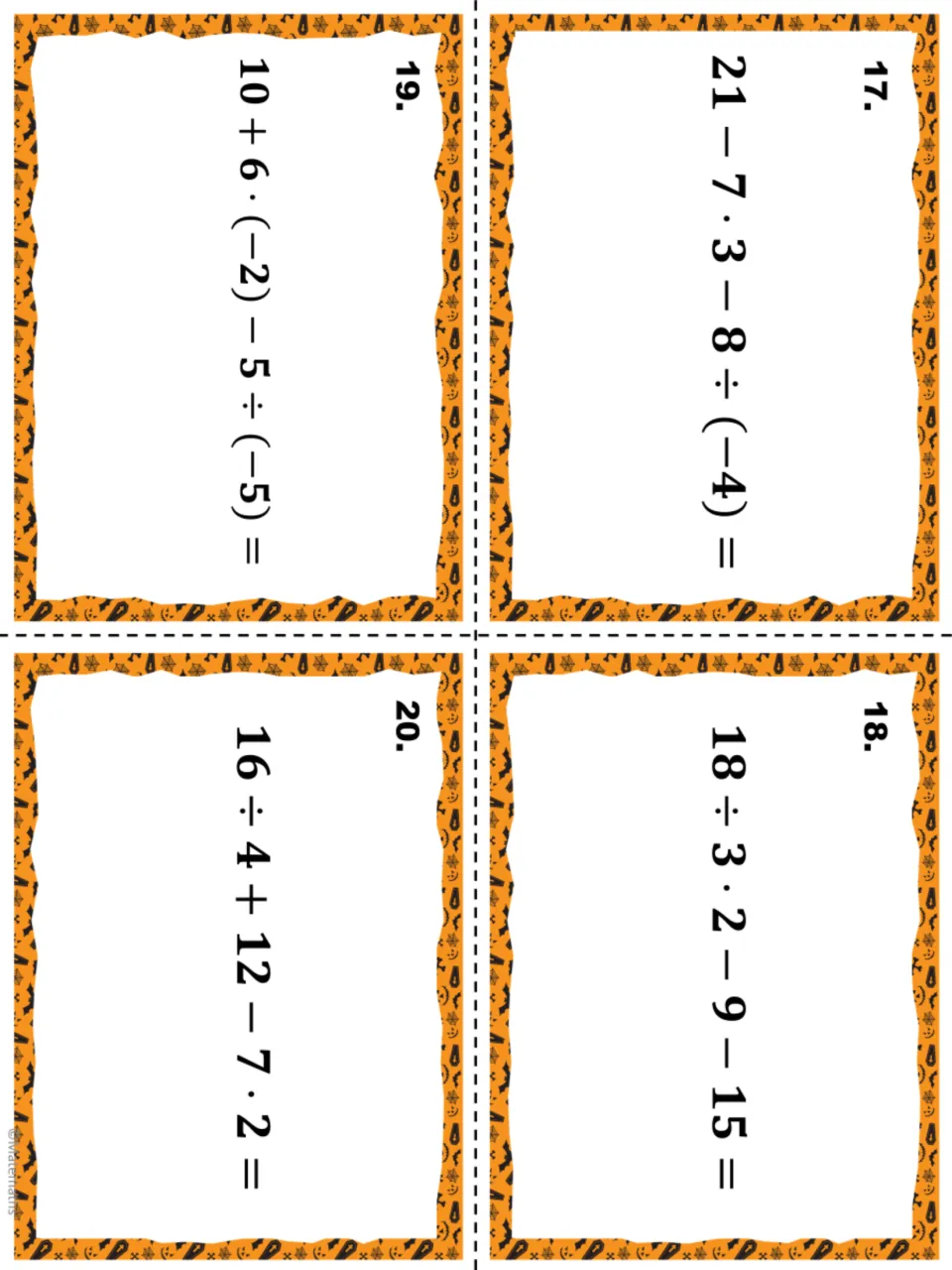 Task cards 17-20: evaluating expressions with negative integers, such as 10 + 6 · (-2) - 5 ÷ (-5) and 18 ÷ 3 · 2 - 9 - 15