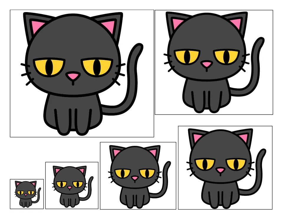 Six black cat cards in different sizes to cut apart and order from biggest to smallest or smallest to biggest