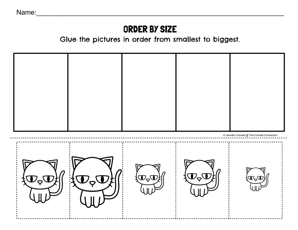 Size-ordering worksheet instructing students to glue five black cat pictures in order from smallest to biggest
