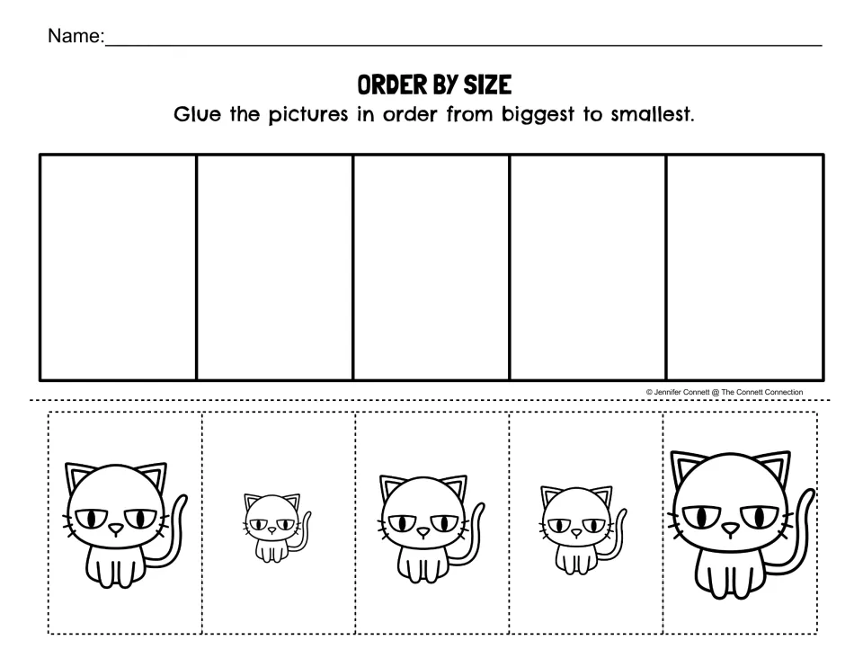 Size-ordering worksheet instructing students to glue five black cat pictures in order from biggest to smallest