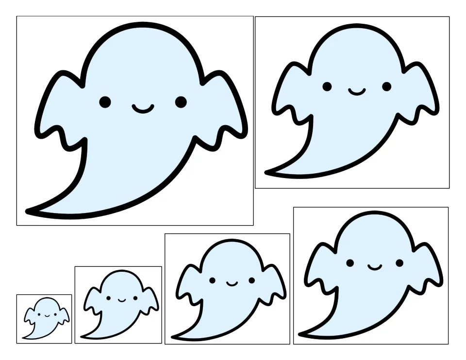 Ghost size-ordering picture cards: six light blue ghosts in different sizes for hands-on practice